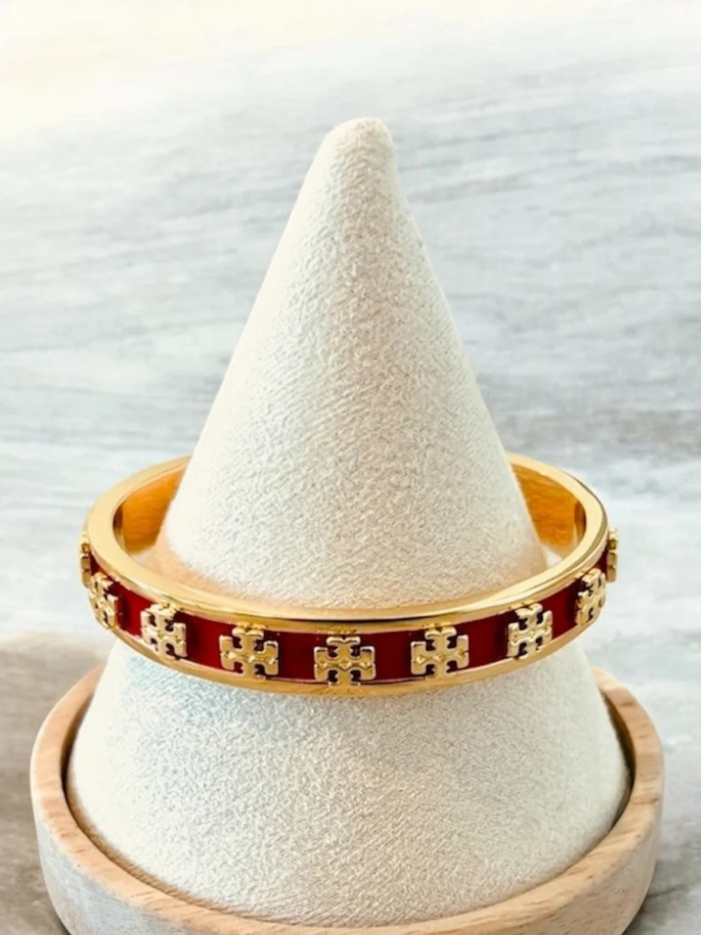 Tory Burch Enamel Raised Logo Stacked T Cuff Bangle Bracelet; Red/Gold -Size 6.5
